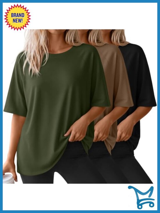 Tops - 3 Pack Oversized Womens T Shirts Crew Neck Loose Fit Cotton Blend Tees